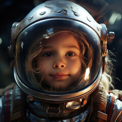 Adventurer kid girl in astronaut suit in space mission expedition generative AI illustration. Cosmos adventures concept