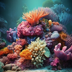 Generative AI illustrations, Ocean coral reef underwater. Sea world under water background
