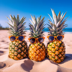 Three pineapples with sunglasses on the beach. AI Generative