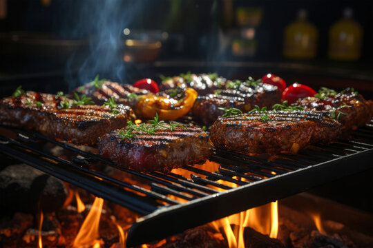 Flame grill with burgers and steak - BBQ meat - Food photography