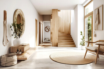 Wooden staircase in scandinavian rustic style interior design of modern entrance hall. Created with generative AI - obrazy, fototapety, plakaty