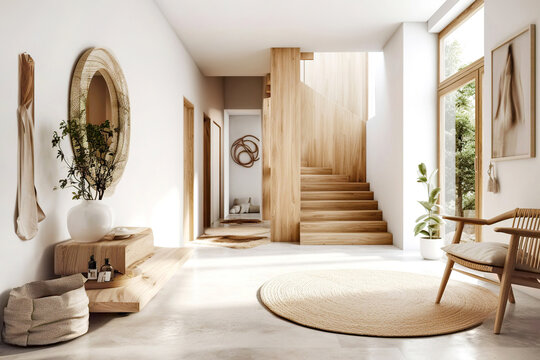 Fototapeta Wooden staircase in scandinavian rustic style interior design of modern entrance hall. Created with generative AI