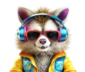 colorful cartoon character small raccoon wearing sunglasses and headphones