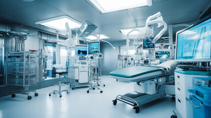 New modern equipment and devices in a medical clinic. Hospital interior. AI generated.