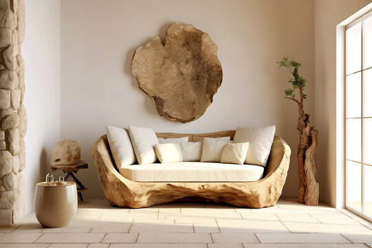 Rustic hand crafted sofa made from tree trunk. Farmhouse interior design of modern living room. Created with generative AI