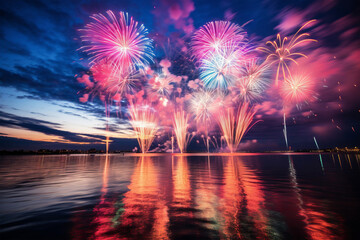 Colorful new years fireworks over the river - obrazy, fototapety, plakaty