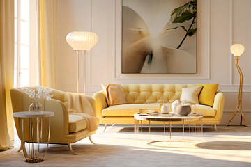Yellow sofa and armchair against classic paneling wall. Hollywood glam style interior design of modern living room. Created with generative AI