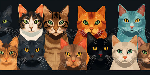 Many cats are sitting in a row. AI generated.