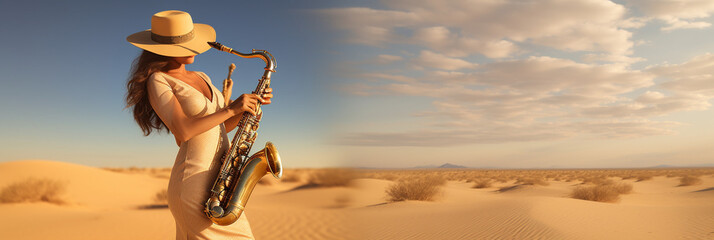 Beautiful young woman musician plays the saxophone while standing on the background of the desert. AI generated. - obrazy, fototapety, plakaty