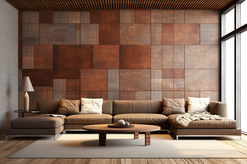 Brown leather sofa against tiled mosaic wall. Loft interior design of modern living room. Created with generative AI