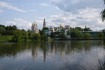 View of the architectural ensemble of the Novodevichy Monastery in Moscow.