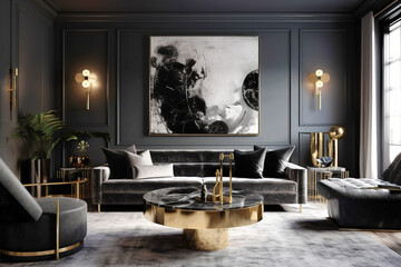 Black velvet sofa and armchairs against classic paneling wall. Hollywood glam style interior design of modern living room. Created with generative AI
