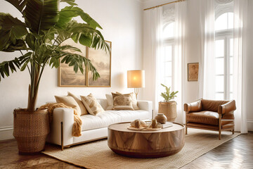 Round wooden coffee table near white sofa and brown leather armchair. Hollywood glam style interior design of modern living room. Created with generative AI