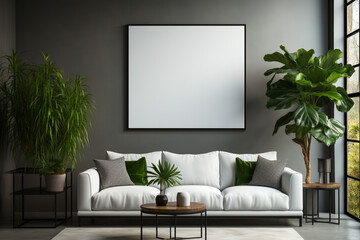 blank white black square frame hung up on a wall in a living. wall art poster mockup. Generative AI