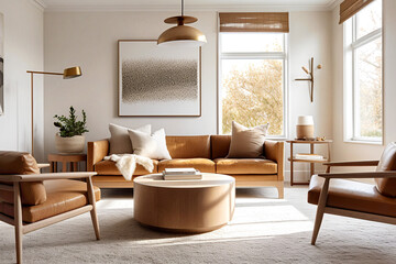 Mid-century style interior design of modern living room with terra cotta sofa and brown leather armchairs. Created with generative AI - obrazy, fototapety, plakaty