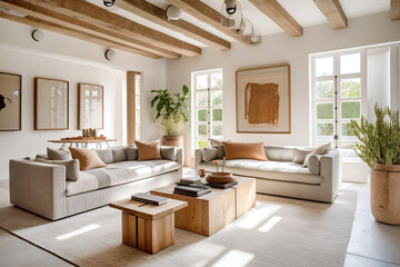 Rustic interior design of modern living room with grey sofas. Created with generative AI