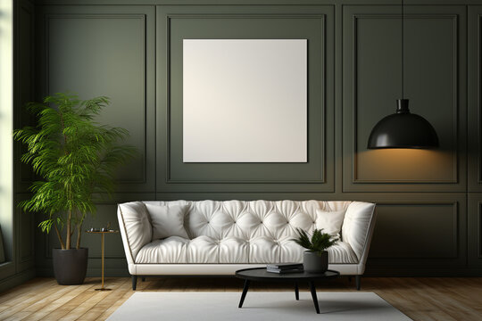 blank white black square frame hung up on a wall in a living. wall art poster mockup. Generative AI