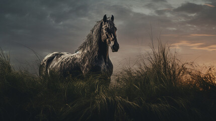 Fototapeta na wymiar A Majestic Wild Horse/Stallion Standing in a Grassy Field with Flowers, Looking off into the Distance, Dramatic and Moody Lighting - Generative AI
