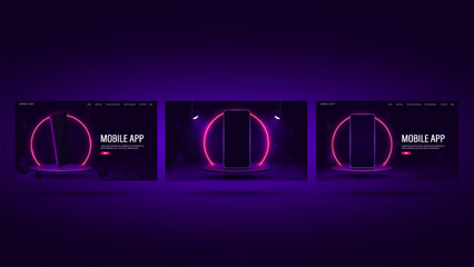 A set of web banners with a 3d smartphone on the podium with a bright neon frame on a dark purple background. Posters for a website with a mobile application and online sales.