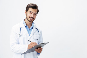 Man doctor in white coat with stethoscope and folder for notes and patient records smile and good test results look into camera on white isolated background, copy space, space for text, health