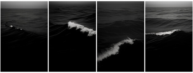 Modern and contemporary current sea or ocean waves are foamy. A minimal and lively atmosphere that is dark, mysterious and melancholic sets. Created with Generative AI technology.