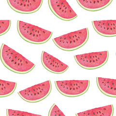 Watermelon slice seamless pattern. Drawn with colored pencils. Watermelon background. Seamless pattern with watermelons slices. Summer fruit.