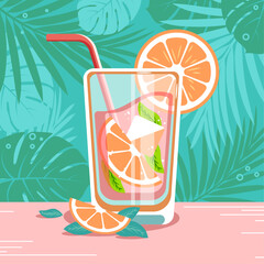 Grapefruit lemonade cocktail drink poster with grapefruit slices and leaves in pink and green colors. Vector illustration.