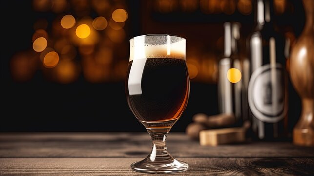 Glass of dark beer on wooden table with bar on background. Presentation of beer.