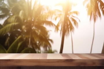 Wooden table top on blurred background of palm trees and sea. For product display. Summer, vacation, holidays.