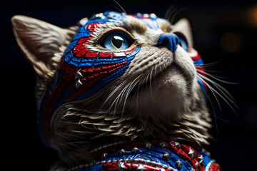 close up of a head of a patriotic cat
