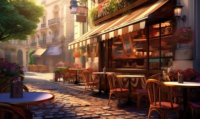 Fototapeta na wymiar a painting of a street with tables and chairs and a cafe. generative ai