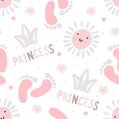 Seamless pattern pink cute crown, sun and footprint. Baby girl wallpaper Little princess design