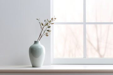 minimalistic vase with flowers on the table, with copy space