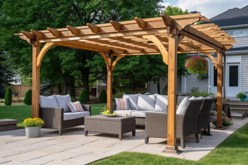 Photo of a luxurious backyard oasis with a sparkling pool and comfortable patio furniture