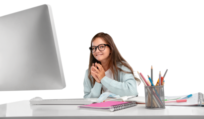 Happy smiling girl student watching learning online video class on a laptop