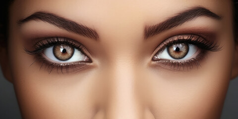 Obraz premium Young beautiful woman with brown eyes, closeup detail to her face, both iris visible. Generative AI