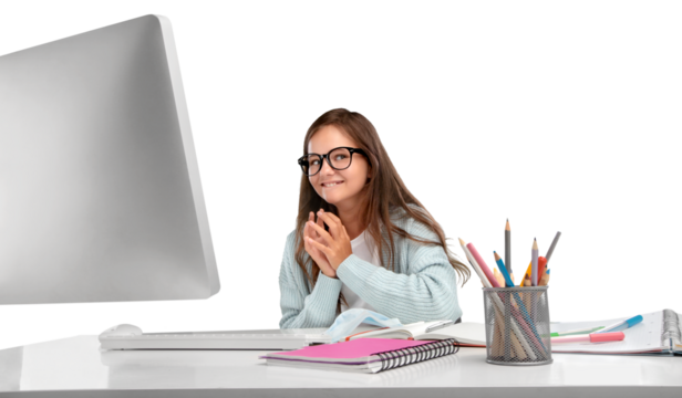 Happy smiling girl student watching learning online video class on a laptop