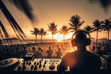 Dj mixing outdoor at beach party festival with crowd of people at sunset. Generative ai