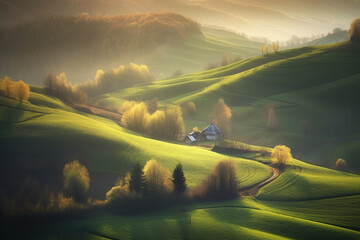 Beautiful spring landscape scene with rolling green hills.
