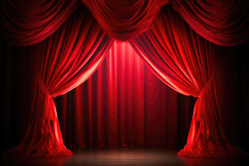 Elegant Theater Stage with Red Curtains and Show Spotlight. Generative AI