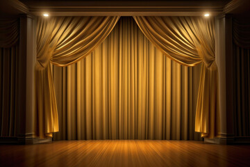 Dramatic Theater Stage with Elegant Brown Curtains. Generative AI