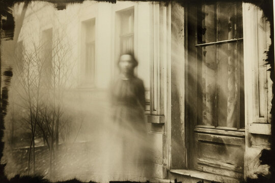 Creepy vintage photo of cemetery with ghosts. Halloween concept.