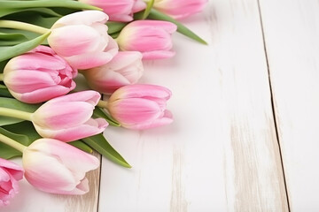Pink tulips on wooden table. Spring background for Mothers Day. Generative ai.