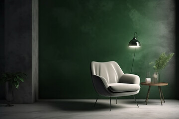 Vintage sofa and lamp on green wall.