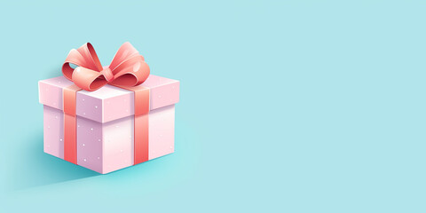 Mock-up poster, baby blue gift box with gold bow on light pink background. product promotion, shopping, e-commerce. offer, promotion, advertising. Isolated for web design and marketing. Generative ai