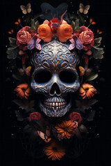 Dia de los Muertos. Day of the Dead. Mexican sugar skull illustration surrounded by tropical flowers and leaves. 