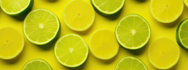 Fresh Citrus Delight: Green Limes on a Yellow Canvas. Generative AI