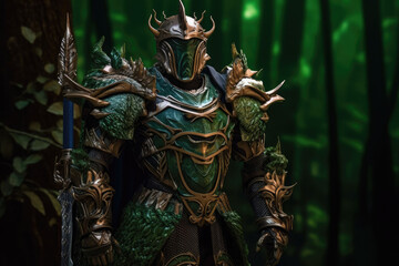 Fantasy knight with old armor in the ancient forest. Generative AI
