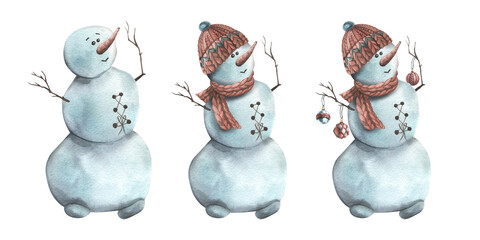 Snowmen in a hat with a scarf and toys with Christmas balls. Watercolor illustration, hand drawn. Set of isolated elements on a white background.