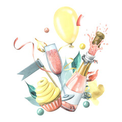 A bottle with a flying cork, a glass of champagne, a cupcake, ribbons, flags and flowers, a balloon and confetti. Watercolor illustration, hand drawn. Isolated composition on a white background.